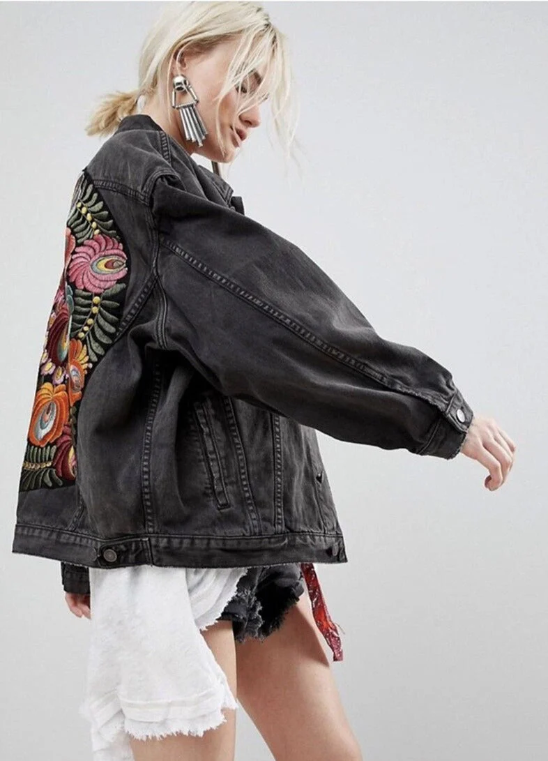 Veste en Denim Brodée à Fleurs