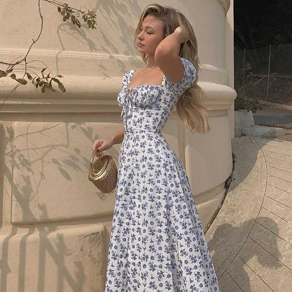 Maxi robe fleurie à manches bouffantes