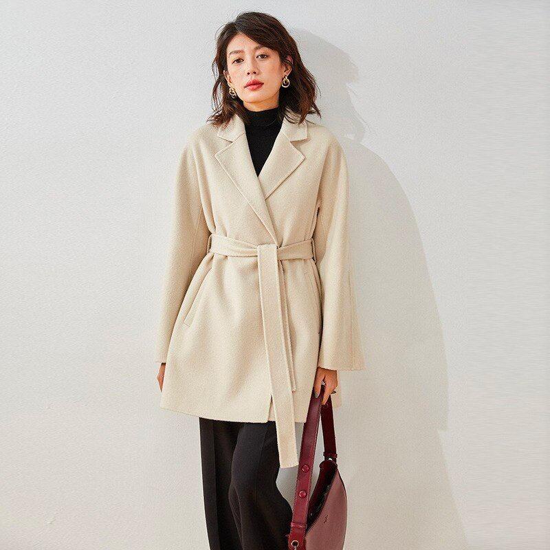 Manteau Court Beige Femme Laine