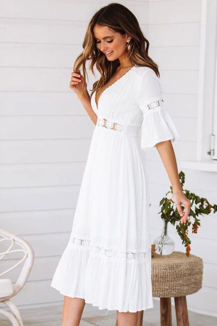 Robe Blanche Bohème Mi Longue – Azélie