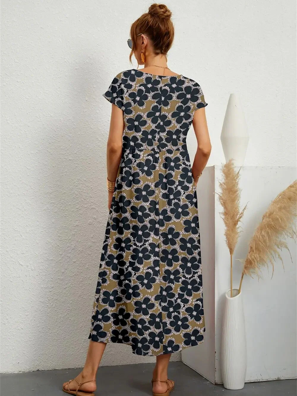 Robe bohème à manches courtes et col rond pour femmes Sparoo