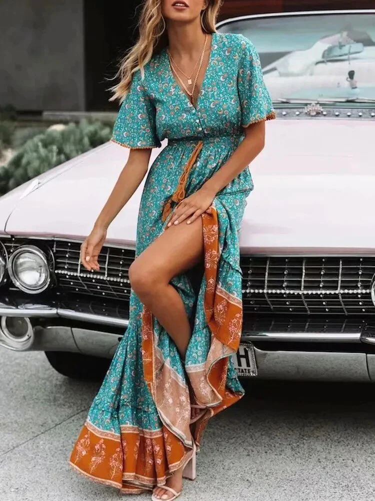 Robe longue bohème à pampilles pour femmes