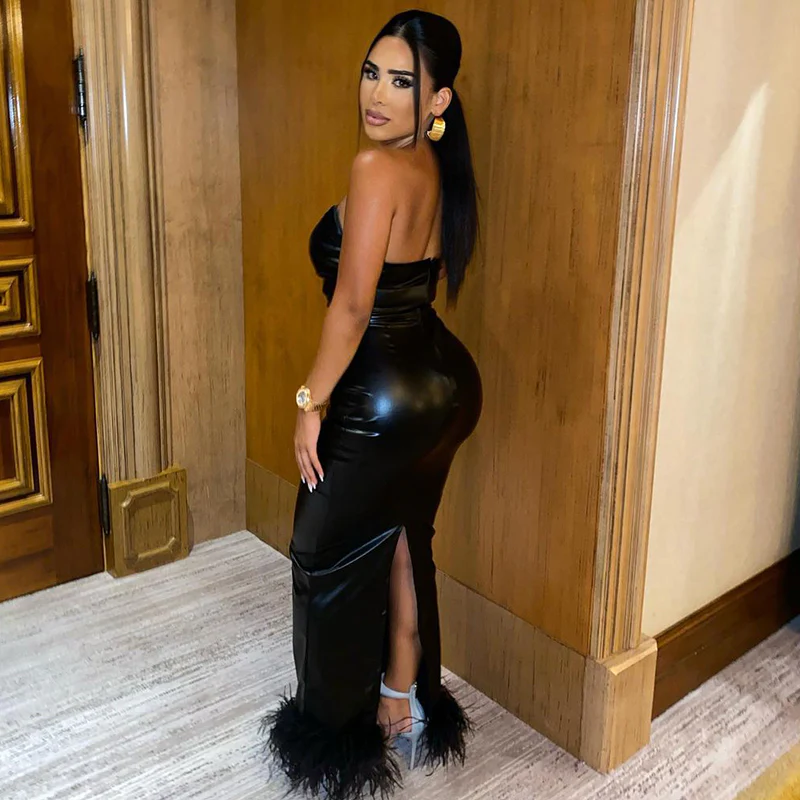Robe longue noire en cuir Pu pour femme – Porta