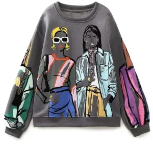 Sweat-shirt à col rond et manches longues pour femme