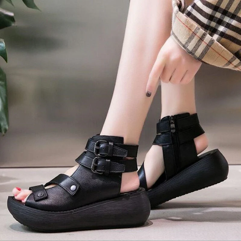 Sandales d&rsquo;été en cuir Vintage pour Femmes – Flat