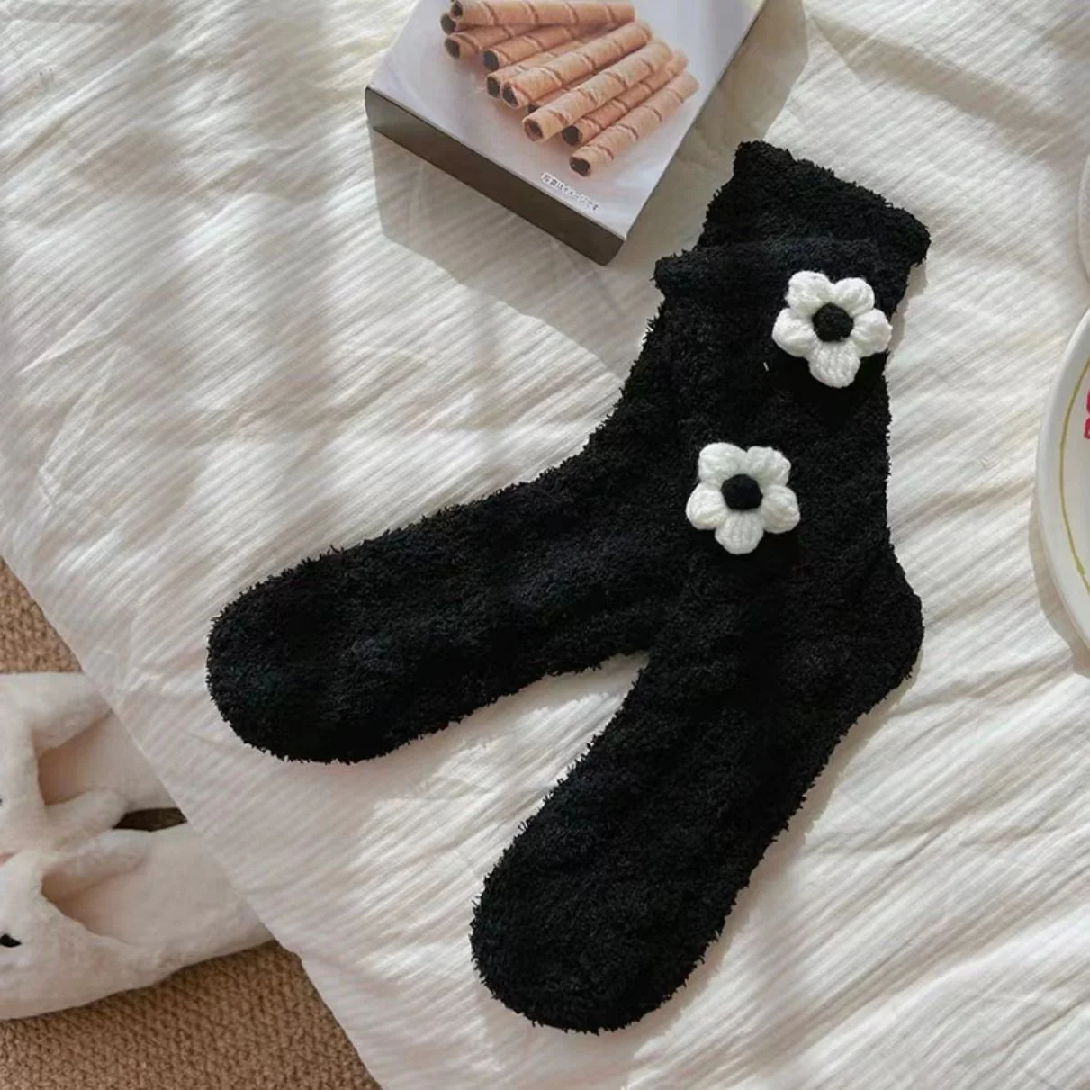 Chaussettes chaudes femme à fleurs