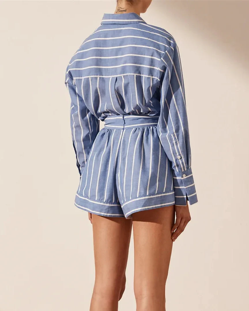 Ensemble Femme Rayé Bleu Chemise Longue et Short Taille Haute Old Money – Ensemble Alma