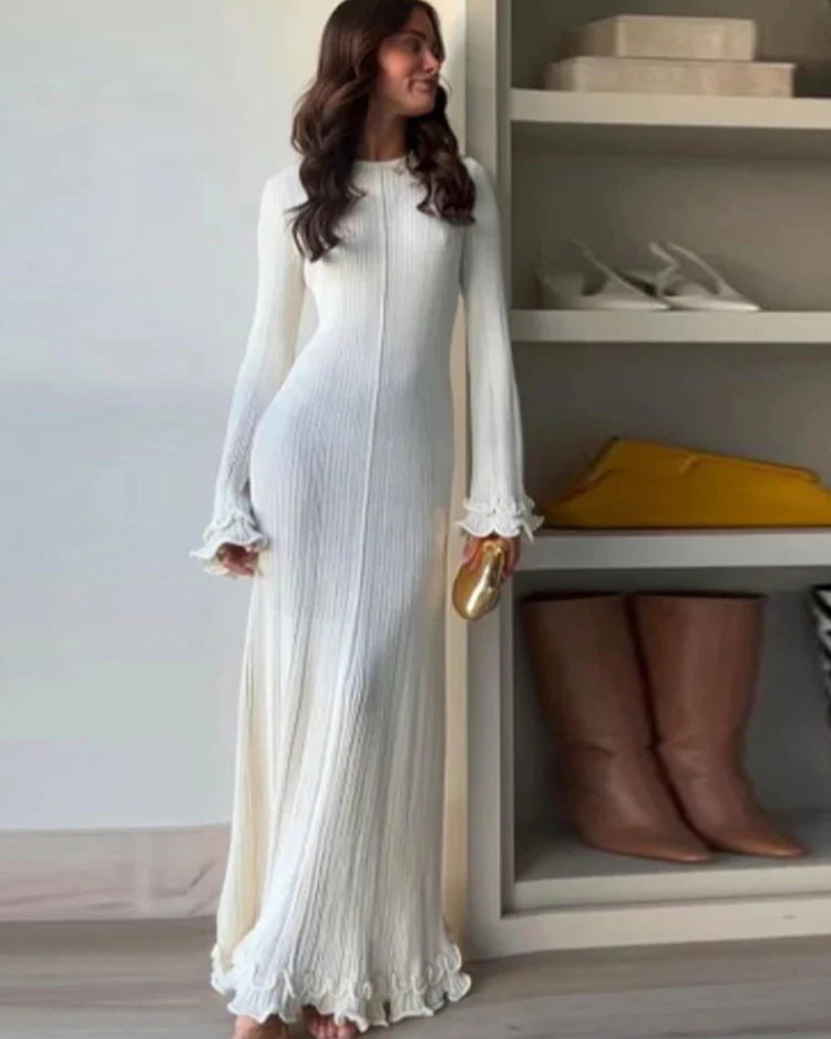 Robe Longue en Maille Femme avec Ourlet Volanté et Style Old Money – Robe Armance