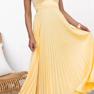 Aby – Robe longue jaune plissée à col en V